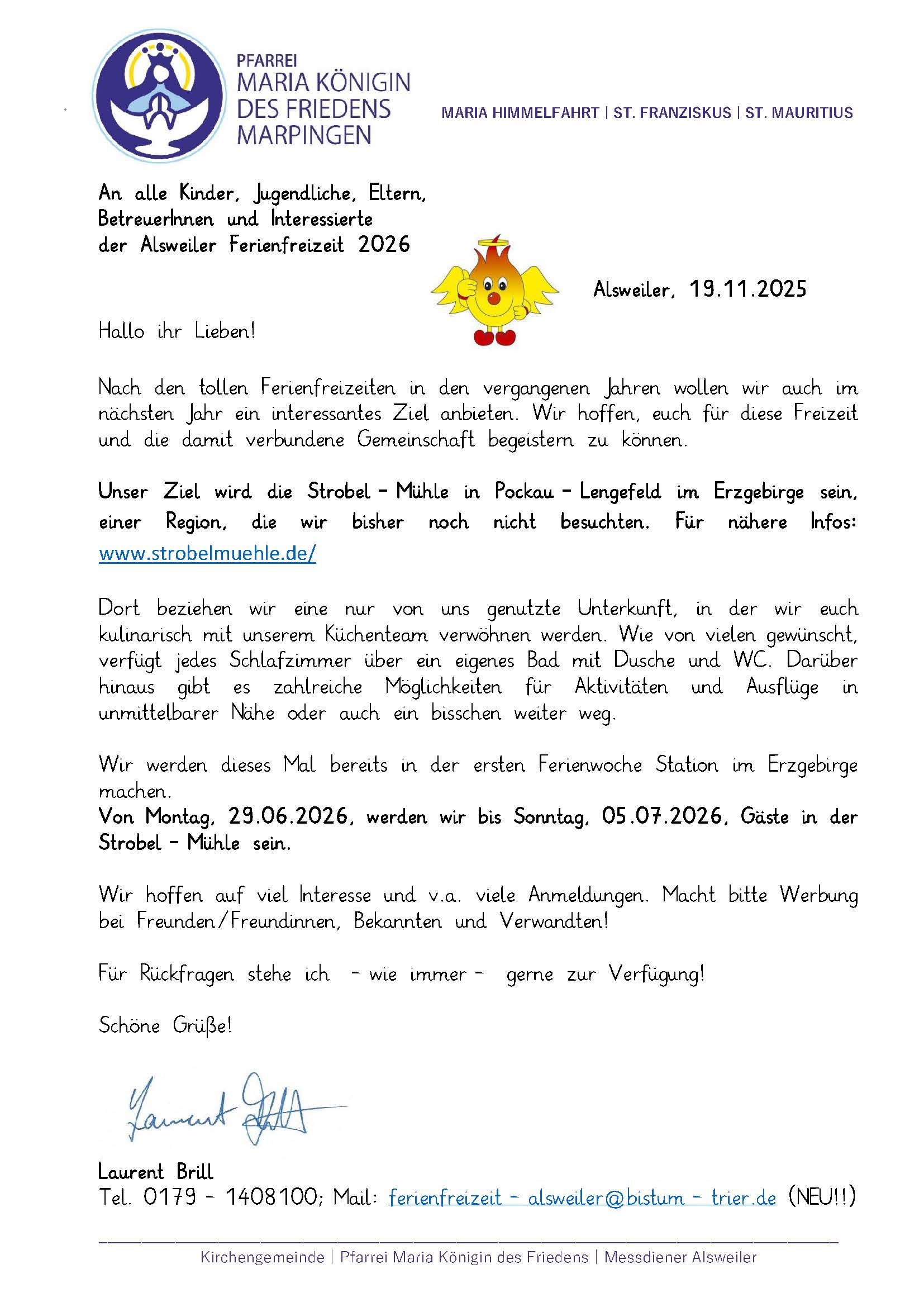 Infobrief Ferienfreizeit Alsweiler