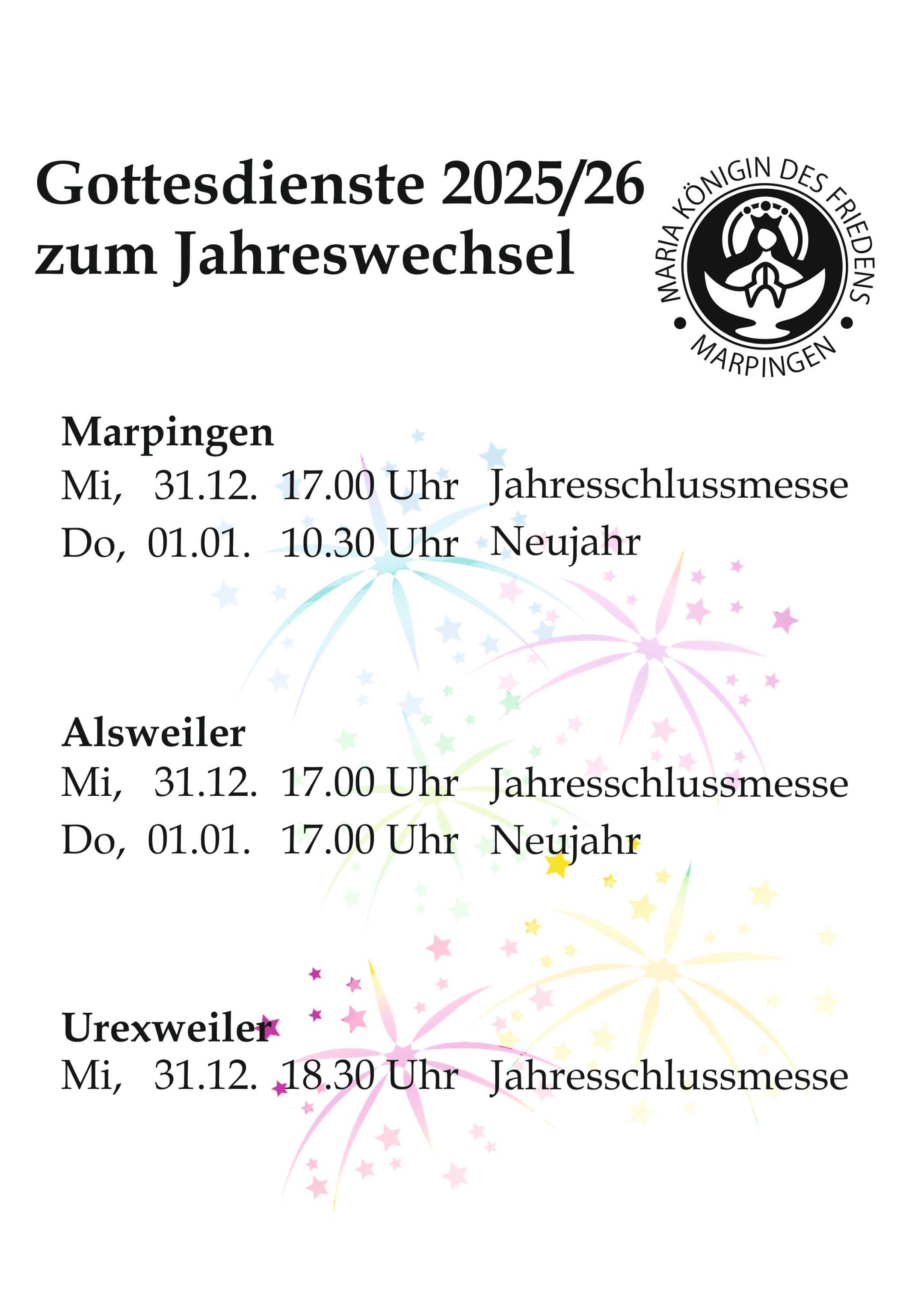 Gottesdienste zum Jahreswechsel